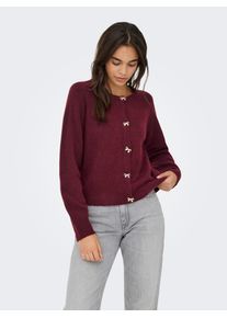 Strickjacke Only "ONLTORINO LS BUTTON O-NECK CARDIG EX KNT", Damen, Gr. S, cabernet detail:gold bow button, Strick, Obermaterial: 69% Polyester, 23% Polyacryl, 6% Wolle, 2% Elasthan, unifarben, Basic normal, Rundhals, Flachstrickb&uuml;ndchen, Strickjacken Strickjacke, mit tollen Schleifen-Details