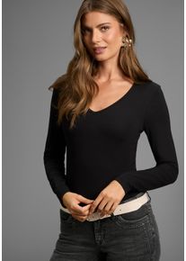 Langarmbody Laura Scott, Damen, Gr. 46, N-Gr, schwarz, Single Jersey, Obermaterial: 95% Baumwolle, 5% Elasthan, unifarben, Basic, sehr figurbetont, V-Ausschnitt, Bodys Langarmbody, V-Ausschnitt, figurbetonte Passform, Basic Design, Topseller