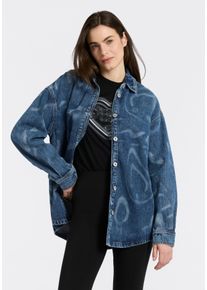 Hemdbluse HUGO BLUE "Garesa", Damen, Gr. M (38), bright blau 430, Denim/Jeans, Obermaterial: 100% Baumwolle, gemustert, oversize normal, 1-Knopf-Manschette mit Schlitz, Blusen Hemdbluse, Denim mit Laserprint, Oversized Fit