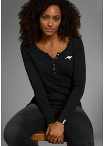 Langarmshirt Kangaroos, Damen, Gr. 48/50, schwarz, Rippware, Obermaterial: 100% Baumwolle, bedruckt, kontrastfarbene Details, unifarben, Basic, figurbetont h&uuml;ftlang, krempelbar, Shirts Langarmshirt, krempelbare &Auml;rmel, figurbetonter Schnitt, mit Logodruck, Topseller