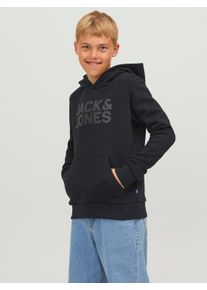 Jack & Jones Kapuzensweatshirt JACK & JONES JUNIOR "JJECORP mit Druck, K&auml;ngurutasche, pflegeleicht", Jungen, Gr. 128, schwarz, angeraute Sweatware, Obermaterial: 70% Baumwolle, 30% Polyester, bedruckt, regular fit normal, Rundhals, Rippb&uuml;ndchen, Sweatshirts Kapuzensweatshirt, Baumwollmischung, regular fit