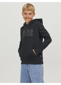 Jack & Jones Kapuzensweatshirt JACK & JONES JUNIOR "JJECORP mit Druck, K&auml;ngurutasche, pflegeleicht", Jungen, Gr. 140, schwarz, angeraute Sweatware, Obermaterial: 70% Baumwolle, 30% Polyester, bedruckt, regular fit normal, Rundhals, Rippb&uuml;ndchen, Sweatshirts Kapuzensweatshirt, Baumwollmischung, regular fit