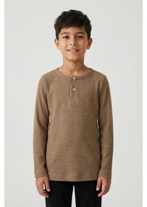 Langarmshirt name it "NMMKAB LS TOP NOOS", Jungen, Gr. 116, toasted coconut, Feinripp, Obermaterial: 57% Baumwolle, 38% Modal, 5% Elasthan, unifarben, normal normal, Rundhals, abgesteppte Kante, Shirts Langarmshirt, Im Henley-Stil - mit kurzer Knopfleise, normal geschnitten