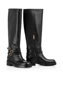 Stiefel Marc Cain "Collections Mystic Plumage", Damen, Gr. 39, Normalschaft, schwarz, Leder, unifarben, Schuhe Stiefel, Blockabsatz, Langschaftstiefel mit Zierschnallen