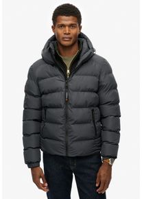 Steppjacke Superdry "HOODED SPORTS PUFFER JACKET", Herren, Gr. S, ebony, ebony, Web, Obermaterial: 100% Polyester, unifarben, relaxed fit normal, elastischer Bund, Jacken Steppjacke, Kunstfaser, relaxed fit
