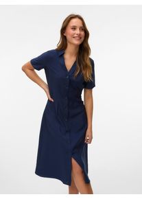 V&eacute;ro Moda Blusenkleid VERO MODA "VMJOSIE S/S CALF SHIRT DRESS WVN GA", Damen, Gr. M, N-Gr, navy blazer, Web, Obermaterial: 83% Viskose, 17% Nylon, unifarben, regular fit knieumspielend, V-Ausschnitt, Kleider Blusenkleid, Viskosemischung, regular fit