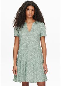Sommerkleid Only "ONLZALLY &ndash; Sommerkleid mit V-Ausschnitt und Stufenvolant", Damen, Gr. M, N-Gr, gr&uuml;n (chinois gr&uuml;n aop:wei&szlig; leafs), Jersey, Obermaterial: 100% Viskose, bedruckt, regular fit kniefrei, V-Ausschnitt, Kleider Sommerkleid, regular fit, feminin, Jersey, Viskose, V-Ausschnitt