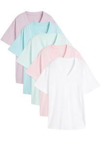 Longshirt bonprix "Weites Long-Shirt mit V-Ausschnitt, Kurzarm (5er Pack)", Damen, Gr. 44/46 (L), kristallrosa, pastellmint, mattaqua, rauchflieder, wei&szlig;, Jersey, Obermaterial: 100% Baumwolle, mehrfarbig, unifarben, loose fit normal, V-Ausschnitt, gerader Abschluss, Shirts Longshirt, lockere Passform, Kurzarm, mit V-Ausschnitt, unifarben, Topseller