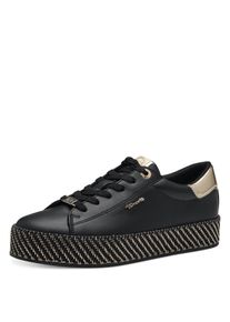 Plateausneaker Tamaris, Damen, Gr. 38, schwarz, goldfarben, Lederimitat, gl&auml;nzend, unifarben mit Farbeinsatz, Schuhe Plateausneaker, Freizeitschuh, Halbschuh, Schn&uuml;rschuh mit Textilkordel am Plateau
