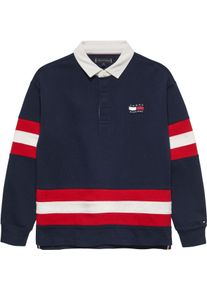 Langarm-Poloshirt Tommy Hilfiger "HILFIGER GRAPHIC RUGBY POLO LS", M&auml;dchen, Gr. 10 (140), schwarz night navy, Jersey, Obermaterial: 100% Baumwolle, unifarben mit Farbeins&auml;tzen, regular fit normal, hoch geschlossener Ausschnitt, angesetztes B&uuml;ndchen, Shirts Langarm-Poloshirt, Kinder bis 16 Jahre, R&uuml;ckenprint, Kontrastdetails