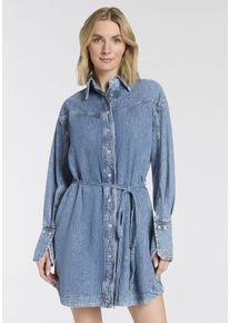 Hemdblusenkleid BOSS Orange "Shirtdress Premium Damenmode", Damen, Gr. L (40), N-Gr, medium blau 420, Denim/Jeans, Obermaterial: 100% Baumwolle, unifarben, tailliert knieumspielend, 1-Knopf-Manschette, Kleider Hemdblusenkleid, tailliert, Denim-Look