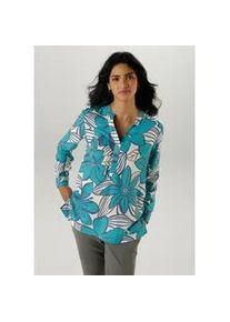 Schlupfbluse Aniston SELECTED, Damen, Gr. 40, blau (petrol, sanftes wei&szlig;, blau, camel), Web, Obermaterial: 100% Viskose, bedruckt, gebl&uuml;mt, gemustert, l&auml;ssig geschnitten h&uuml;ftbedeckend, V-Ausschnitt, 1-Knopf-Manschette, Blusen Schlupfbluse, mit malerischen Bl&uuml;tendruck