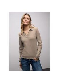 Langarm-Poloshirt Street One, Damen, Gr. 46, light terra mocha meliert, Jersey, Obermaterial: 96% Baumwolle, 4% Elasthan, unifarben, tailliert h&uuml;ftbedeckend, V-Ausschnitt, Shirts, in Melange-Optik und mit Ripp-Struktur