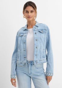 bonprix Jeansjacke mit Stickerei, blau, Gr.42, moderne verspielte Jeansjacke mit Blumenstickerei von Premium, 76% Baumwolle