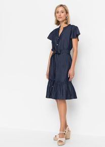 bonprix Jeanskleid aus Bio-Baumwolle, blau, Gr.52, Modisches Jeanskleid mit s&uuml;&szlig;en Raffungen an der Schulter und Volants am Saum., 100% Baumwolle (organic)