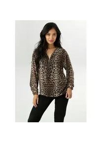 Chiffonbluse Aniston SELECTED, Damen, Gr. 36, braun, beige, schwarz, gold, Chiffon, Obermaterial: 100% Polyester. Futter: 95% Viskose, 5% Elasthan, gemustert, figurumspielend h&uuml;ftbedeckend, V-Ausschnitt, mit Gummizug, Blusen Chiffonbluse, mit goldfarbenen Rei&szlig;verschluss am Ausschnitt