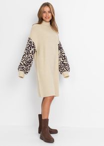 bonprix Oversized Strickkleid mit Leomuster, beige, Gr.40/42 (M), Stylisches Strickkleid mit Leomuster am Ballon&auml;rmel