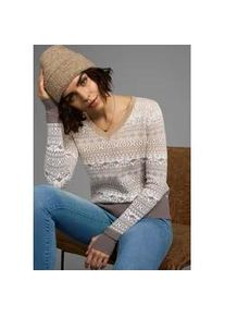 Jacquardpullover Kangaroos, Damen, Gr. 52/54, grau (sanftes wei&szlig;, taupe, gemustert), Feinstrick, Obermaterial: 50% Baumwolle, 50% Polyacryl, gemustert, figurbetont h&uuml;ftlang, V-Ausschnitt, Rippb&uuml;ndchen mit Daumenl&ouml;chern, Pullover Norwegerpullover Weihnachtspullover Rundhalspullover Strickpullover Pullover V-Pullover, im Norweger-Muster mit kleinen K&auml;ngurus