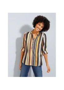 Langarmbluse Classic Basics, Damen, Gr. 44, braun (ocker, dunkeltaupe, gestreift), 100% Polyester, bedruckt, gemustert, gestreift, mehrfarbig, V-Ausschnitt, Blusen
