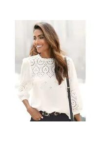 Schlupfbluse Lascana, Damen, Gr. 38, beige (creme), Web, Obermaterial: 100% Viskose, unifarben, figurumspielend h&uuml;ftlang, hoch geschlossener Ausschnitt, 1-Knopf-Manschette, Blusen Schlupfbluse, mit Lochstickerei und dezenten R&uuml;schen, 3/4-&auml;rmelige Damenbluse, Topseller
