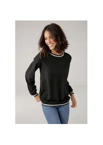 Schlupfbluse Laura Scott, Damen, Gr. 44, schwarz, Cr&ecirc;pe, Obermaterial: 100% Polyester. R&uuml;ckseite: 95% Viskose, 5% Elasthan, clean, kontrastfarbene Details, unifarben, l&auml;ssig geschnitten h&uuml;ftlang, Rundhals, B&uuml;ndchen, Blusen Schlupfbluse, mit Kontrastbund aus Glanzgarn, Topseller