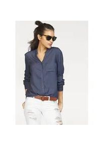 Hemdbluse AJC, Damen, Gr. 32, lila (indigo), Web, Obermaterial: 100% Viskose, figurumspielend h&uuml;ftbedeckend, V-Ausschnitt, 1-Knopf-Manschette mit Schlitz, Blusen Hemdbluse, mit kleinem Stehkragen und Brusttasche