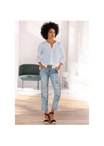 Spitzenbluse Heine, Damen, Gr. 34, blau (hellblau), 100% Baumwolle, unifarben, V-Ausschnitt, Blusen Spitzenbluse