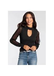 V-Ausschnitt-Pullover Melrose, Damen, Gr. 36, schwarz, Feinstrick, Obermaterial: 70% Viskose, 30% Polyamid. &Auml;rmel: 100% Polyamid, Mesh, unifarben, tailliert h&uuml;ftlang, hoch geschlossener Ausschnitt, Rippb&uuml;ndchen, Pullover, mit femininen Mesh-&Auml;rmeln und Cut-Out