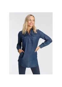 Jeansbluse Arizona "Krempel&auml;rmel mit Riegel", Damen, Gr. 34, blau (dunkelblau), Web, Obermaterial: 100% Baumwolle, Basic, figurumspielend lang, Krempel&auml;rmel, Blusen Jeansbluse, im Tunikastil