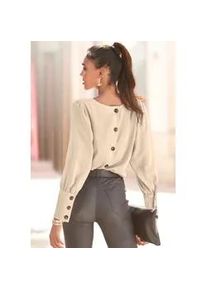 Langarmbluse Lascana, Damen, Gr. 44, beige (creme), Web, Obermaterial: 100% Polyester, unifarben, figurumspielend h&uuml;ftlang, Rundhals, Manschette mit Kn&ouml;pfen, Blusen, mit Knopfleiste hinten, elegante Damenbluse, Business-Look, Topseller