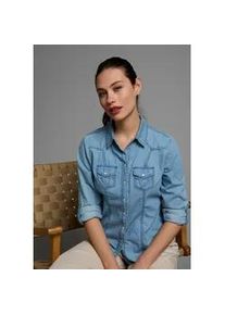 Jeansbluse Arizona "mit Druckkn&ouml;pfen in Perlmuttoptik", Damen, Gr. 42, blau (bleached), Jeans, Obermaterial: 100% Baumwolle, unifarben, Basic, figurbetont, mit Druckkn&ouml;pfen, Blusen Jeansbluse, und Krempel&auml;rmeln