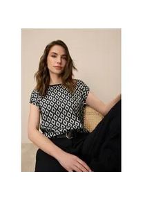 Shirtbluse Tamaris, Damen, Gr. 40, schwarz-wei&szlig; (schwarz sand), Satin, Obermaterial: 95% Viskose, 5% Elasthan. Vorderteil: 100% Polyester, bedruckt, l&auml;ssig geschnitten h&uuml;ftbedeckend, Rundhals, Blusen Blusenshirt, in lockerer Form mit Satin