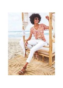 Schlupfbluse Heine, Damen, Gr. 38, bunt (papaya, marine, bedruckt), 100% Viskose, bedruckt, gemustert, mehrfarbig, V-Ausschnitt, Blusen Schlupfbluse