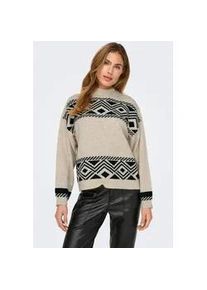 Stehkragenpullover Only "ONLVICTORIA L/S PULLOVER KNT NOOS", Damen, Gr. S, beige (pumice stone pattern:schwarz jacquard), Strick, Obermaterial: 79% Polyester, 13% Polyacryl, 5% Wolle, 3% Elasthan, gemustert, regular fit, Rundhals, Rippb&uuml;ndchen, Pullover Stehkragenpullover