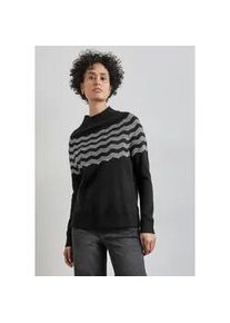 Strickpullover Street One, Damen, Gr. 34, schwarz, Web, 37% Baumwolle, 34% Polyacryl, 26% Polyester, 3% Elasthan, gestreift, normal normal, hoch geschlossener Ausschnitt, B&uuml;ndchen, Pullover Strickpullover, mit Stehkragen