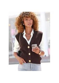 Strickweste Lascana "Amira", Damen, Gr. 36/38, braun (dunkelbraun), Strick, Obermaterial: 60% Baumwolle, 40% Polyacryl, unifarben, figurumspielend taillenbedeckt, tiefer V-Ausschnitt, Westen Strickweste, mit goldenen Kn&ouml;pfen, Pullunder, modisch