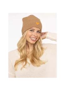 Beanie Zwillingsherz "Beanie with Heart-Patch", Damen, braun (camel), Rippstrick, Wolle, unifarben, M&uuml;tzen Beanie, Rippstrick, mit breitem Umschlag, w&auml;rmend