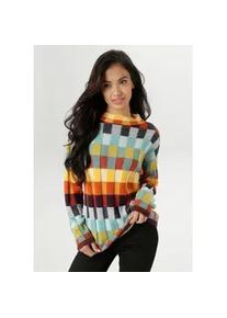 Strickpullover Aniston SELECTED, Damen, Gr. 46, blau (gelb, t&uuml;rkis, marine, sanftes wei&szlig;, terra), Strick, Obermaterial: 100% Polyacryl, gemustert, kariert, l&auml;ssig geschnitten h&uuml;ftbedeckend, Rippstrickb&uuml;ndchen, Pullover Strickpullover, mit mehrfarbig strukturierten Karomuster, Topseller