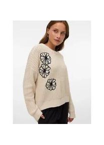 V&eacute;ro Moda Rundhalspullover VERO MODA "VMLAURA LS O-NECK PULLOVER BOO", Damen, Gr. L, beige (birch detail:with schwarz), Strick, Obermaterial: 60% Baumwolle, 40% Polyacryl, gemustert, regular fit, Rundhals, Rippstrickb&uuml;ndchen, Pullover Rundhalspullover