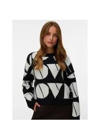V&eacute;ro Moda Strickpullover VERO MODA "VMLOVE LS O-NECK PULLOVER BOO", Damen, Gr. M, schwarz (schwarz detail:with birch big love), Strick, Obermaterial: 52% Polyester, 40% Polyacryl, 5% Wolle, 3% Elasthan, gemustert, regular fit, Rundhals, Rippstrickb&uuml;ndchen, Pullover Strickpullover