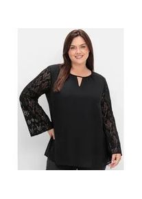 Longbluse sheego, Damen, Gr. 56, schwarz, 100% Polyester, &Auml;rmel:70% Baumwolle, 30% Polyamid, unifarben, Rundhals, Blusen Longbluse