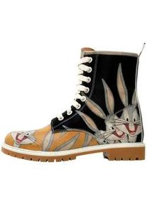 Schn&uuml;rboots DOGO "Wb Longe Boots Schn&uuml;rstiefel Looney Tunes Ski Club Damen", Damen, Gr. 38, Normalschaft, gelb, Lederimitat, Schuhe Schn&uuml;rboots, Handgefertigt