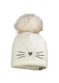 Beanie MaxiMo, M&auml;dchen, Gr. 55, wei&szlig; (wollwei&szlig;), Strick, Baumwolle, bestickt, M&uuml;tzen Beanie, mit Bommel, mit Stickerei, zweifarbig, w&auml;rmend