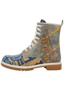 Schn&uuml;rboots DOGO "Longe Boots Schn&uuml;rstiefel Agent Of Chaos Damen Stiefeletten", Damen, Gr. 37, Normalschaft, gelb, blau, Lederimitat, Schuhe Schn&uuml;rboots, Handgefertigt