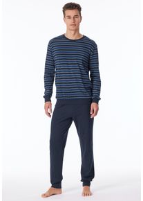 Schlafanzug uncover by Schiesser, Herren, Gr. 52, blau (800, blau), Single Jersey, Obermaterial: 100% Baumwolle, bequem lang, Rundhals, Homewear-Sets Schlafanzug, Rundhalsausschnitt, Langarm, Single Jersey, feine Blockstreifen