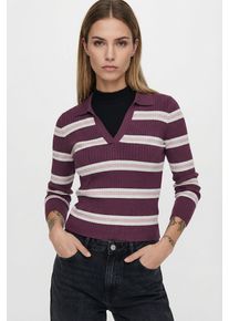 Polokragenpullover Only "ONLKAYA LIFE LS STRIPE POLO NOOS KNT", Damen, Gr. S, grape wine stripes:cloud dancer, pale lila, Strick, Obermaterial: 70% Viskose, 30% Nylon, gestreift, regular fit normal, V-Ausschnitt, Pullover Polokragenpullover