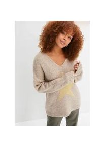 Strickpullover bonprix "Pullover mit Stern", Damen, Gr. 40/42 (M), braun (camel), Obermaterial: 53% Polyacryl, 22% Polyester, 15% Polyamid, 7% Wolle, 3% metallisierte Fasern, oversize, Pullover Strickpullover, mit metallisierten Fasern, mit Stern-Design, Oversize Passform