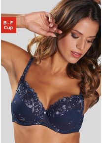 B&uuml;gel-BH Lascana "Wanda", Damen, Gr. 85, Cup F, blau (marine), Spitze, Obermaterial: 78% Polyamid, 12% Polyester, 6% Baumwolle, 4% Elasthan, BHs B&uuml;gel-BH, mit Stickerei Spitze in floraler Optik, Dessous