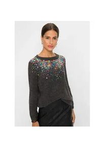 Strickpullover bonprix, Damen, Gr. 44/46 (L), grau (anthrazit meliert), Obermaterial: 69% Polyacryl, 27% Polyester, 4% Elasthan, loose fit, Pullover Strickpullover, aus Polyacryl, Polyester und Elasthan, ohne Kragen, lockere Passform