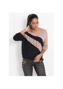 Longpullover bonprix "Longpullover mit Applikation", Damen, Gr. 40/42 (M), schwarz (schwarz, ros&eacute;), Obermaterial: 50% Polyacryl, 50% Viskose, l&auml;ssig geschnitten, Pullover Longpullover, aus Polyacryl und Viskose, l&auml;ssig geschnittene Passform